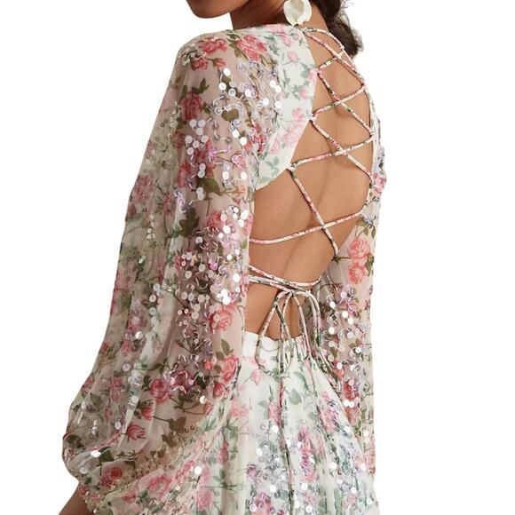 Mac Duggal NWT Sequined Floral Print Cut Out Lace Up Gown Size 0 Plunge Neck - Picture 2 of 11